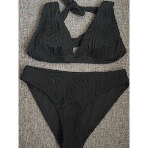 Cupshe Bikini Set Womens Size M Black Ribbed Halter Triangle High Cut 2PC